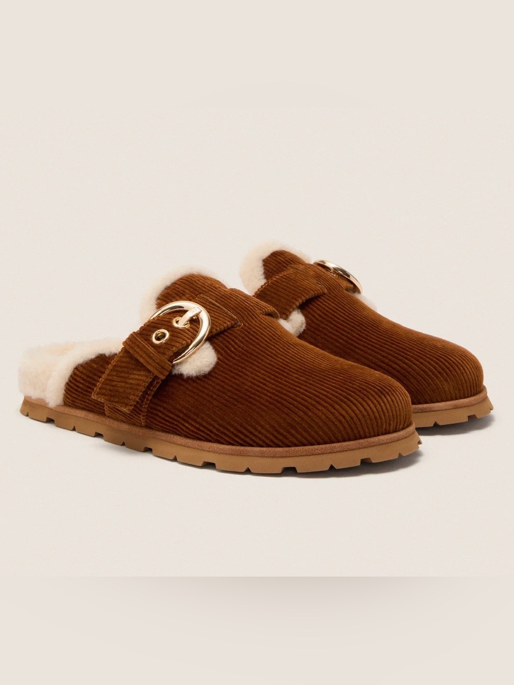 Stuart Weitzman Cognac Corduroy Shearling Mule with Gold Buckle 7